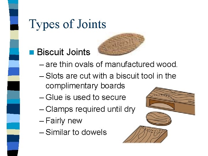 Types of Joints n Biscuit Joints – are thin ovals of manufactured wood. –