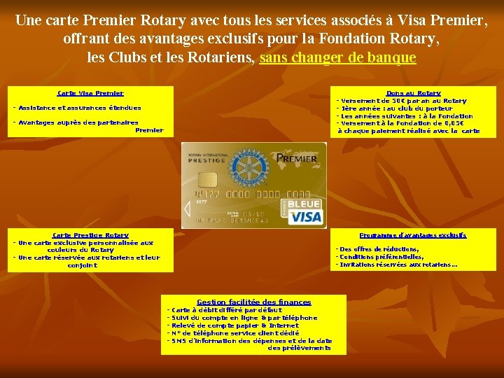 Une carte Premier Rotary avec tous les services associés à Visa Premier, offrant des