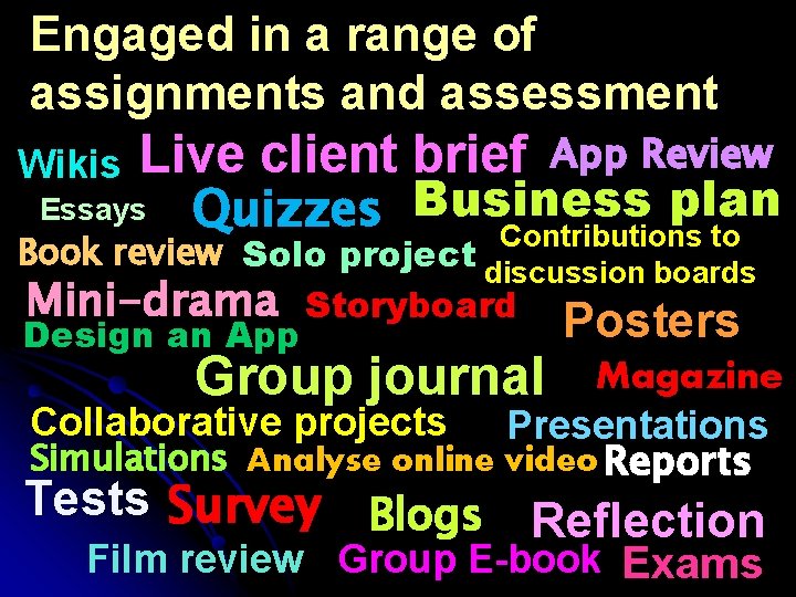 Engaged in a range of assignments and assessment Wikis Live client brief Essays App