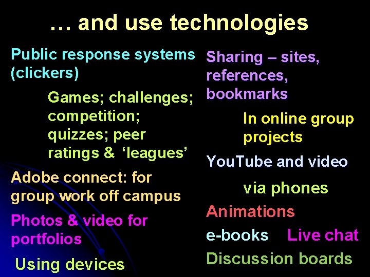 … and use technologies Public response systems Sharing – sites, (clickers) references, Games; challenges;
