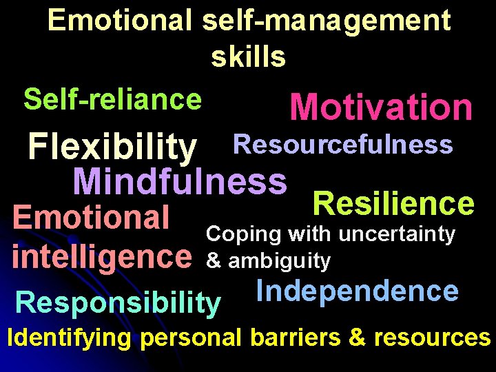 Emotional self-management skills Self-reliance Motivation Flexibility Resourcefulness Mindfulness Emotional intelligence Resilience Coping with uncertainty