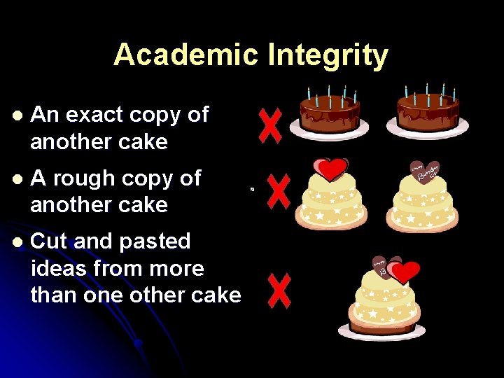 Academic Integrity l An exact copy of another cake l A rough copy of