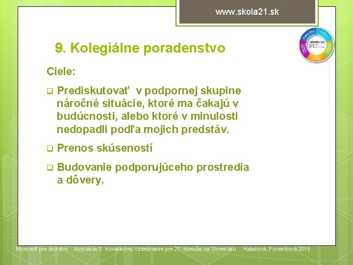 www. skola 21. sk 9. Kolegiálne poradenstvo Ciele: q Prediskutovať v podpornej skupine náročné