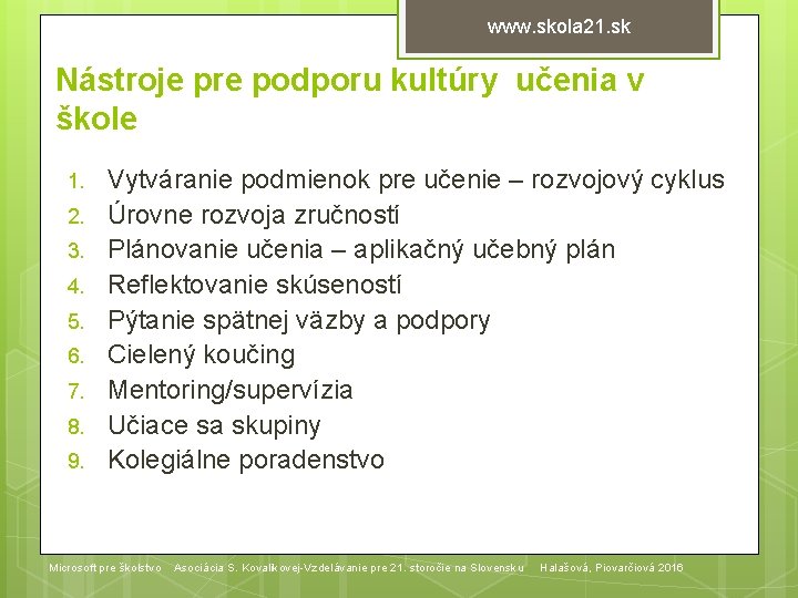 www. skola 21. sk Nástroje pre podporu kultúry učenia v škole 1. 2. 3.