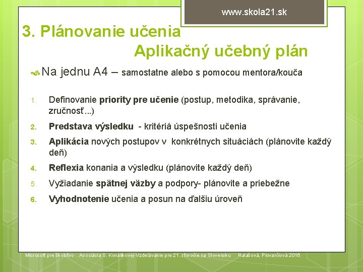 www. skola 21. sk 3. Plánovanie učenia Aplikačný učebný plán Na jednu A 4