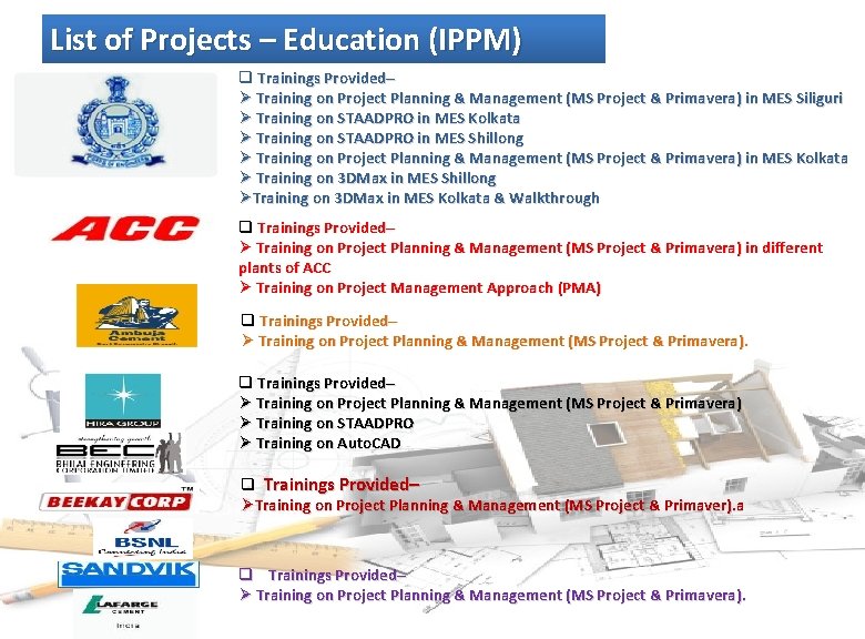 List of Projects – Education (IPPM) q Trainings Provided– Ø Training on Project Planning