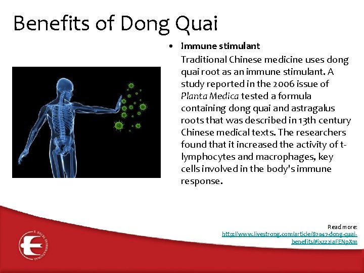 Benefits of Dong Quai • Immune stimulant Traditional Chinese medicine uses dong quai root