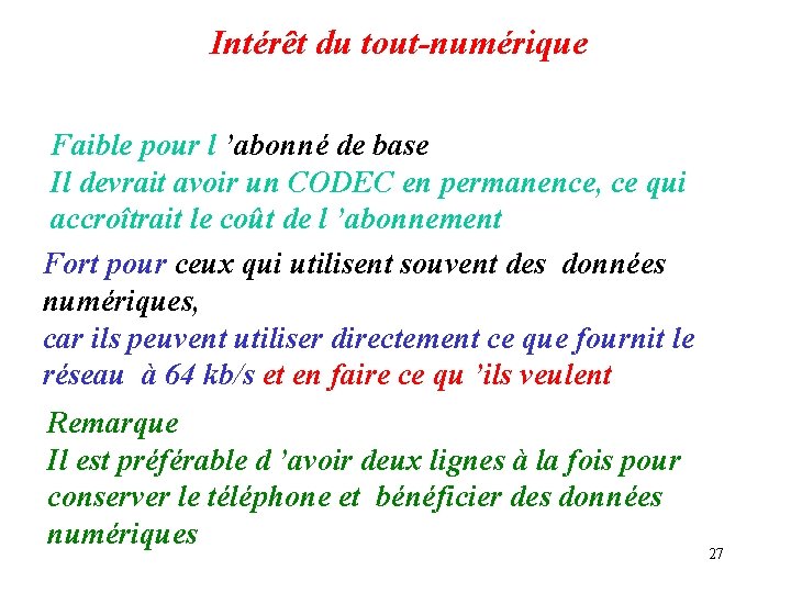 Intérêt du tout-numérique Faible pour l ’abonné de base Il devrait avoir un CODEC