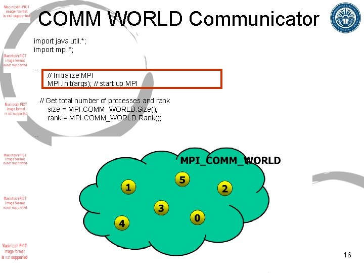 COMM WORLD Communicator import java. util. *; import mpi. *; . . // Initialize