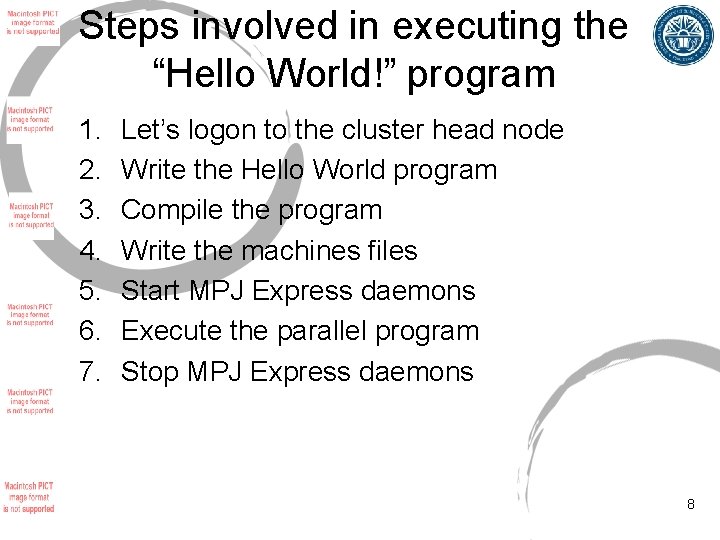 Steps involved in executing the “Hello World!” program 1. 2. 3. 4. 5. 6.