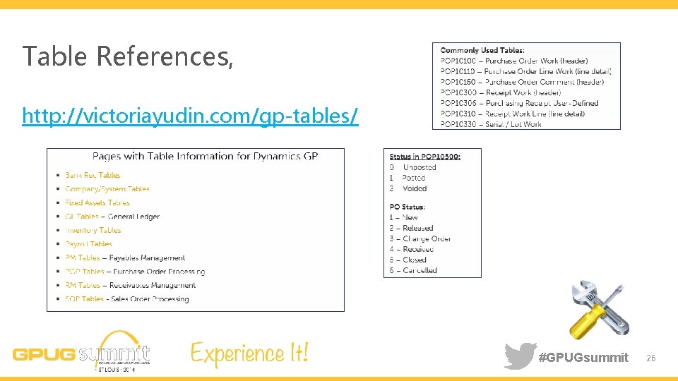 Table References, http: //victoriayudin. com/gp-tables/ #GPUGsummit 26 