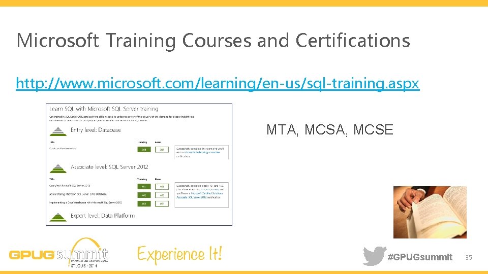 Microsoft Training Courses and Certifications http: //www. microsoft. com/learning/en-us/sql-training. aspx MTA, MCSE #GPUGsummit 35