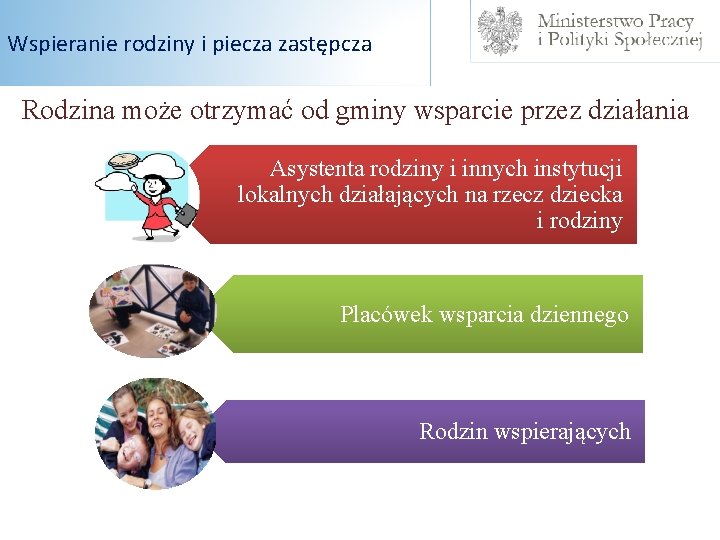 Wspieranie rodziny i piecza zastępcza Rodzina może otrzymać od gminy wsparcie przez działania Asystenta