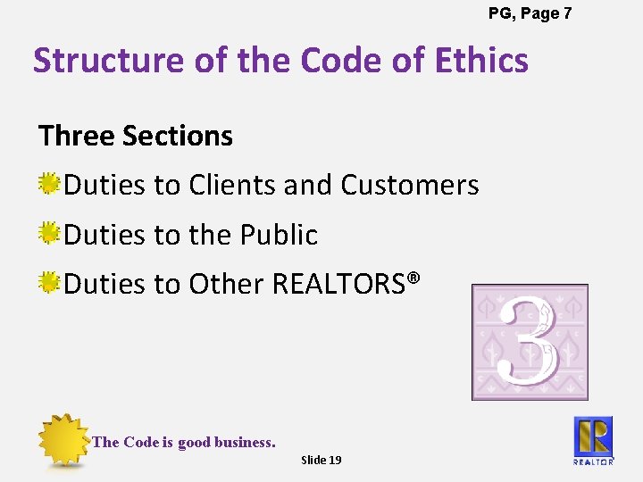 PG, Page 7 Structure of the Code of Ethics Three Sections Duties to Clients