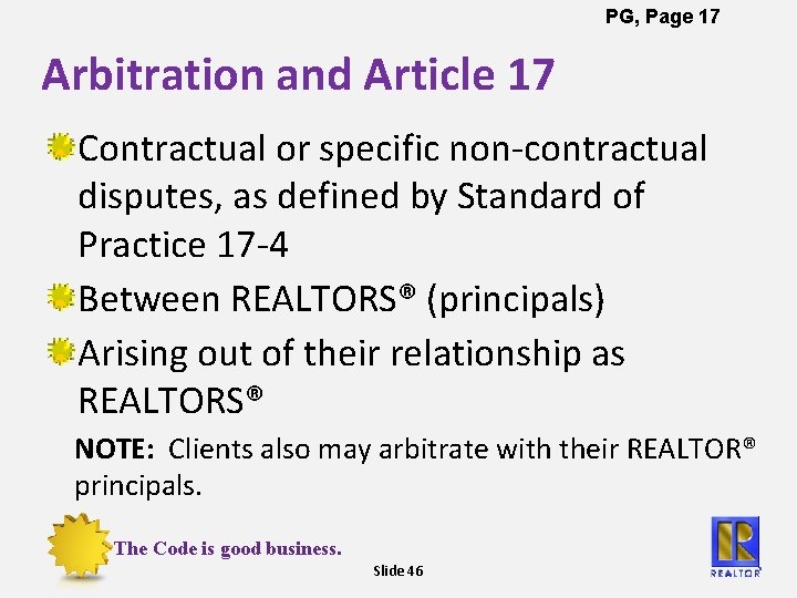 PG, Page 17 Arbitration and Article 17 Contractual or specific non-contractual disputes, as defined
