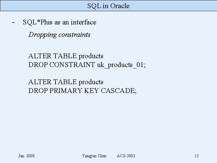 SQL in Oracle - SQL*Plus as an interface Dropping constraints ALTER TABLE products DROP