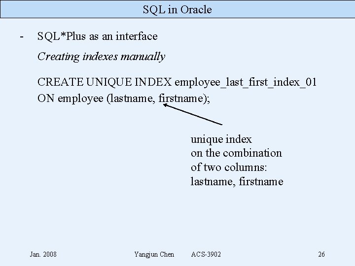 SQL in Oracle - SQL*Plus as an interface Creating indexes manually CREATE UNIQUE INDEX