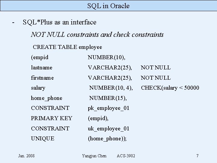 SQL in Oracle - SQL*Plus as an interface NOT NULL constraints and check constraints