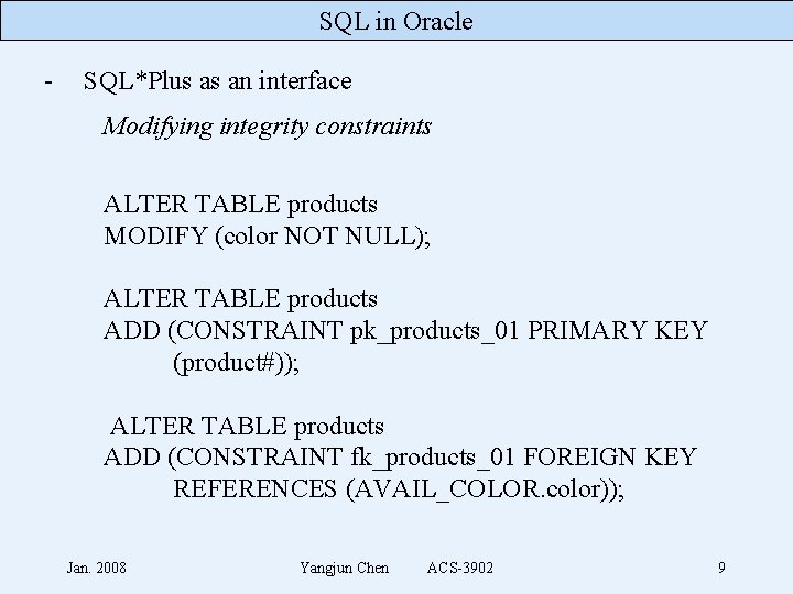 SQL in Oracle - SQL*Plus as an interface Modifying integrity constraints ALTER TABLE products