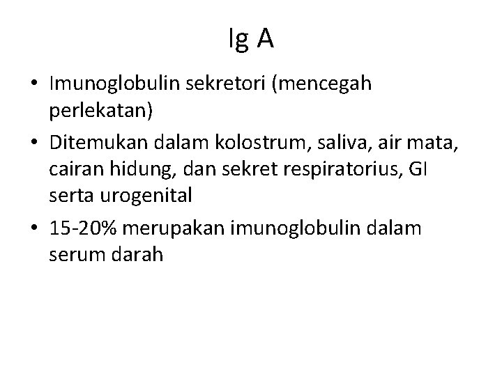 Ig A • Imunoglobulin sekretori (mencegah perlekatan) • Ditemukan dalam kolostrum, saliva, air mata,