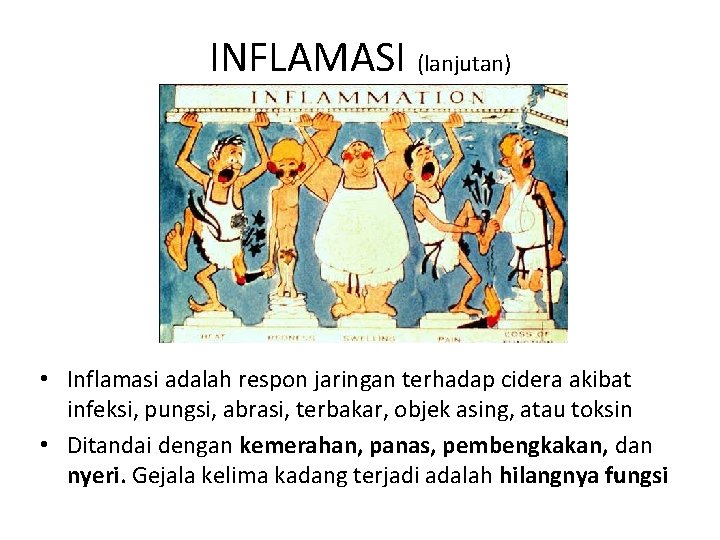 INFLAMASI (lanjutan) • Inflamasi adalah respon jaringan terhadap cidera akibat infeksi, pungsi, abrasi, terbakar,