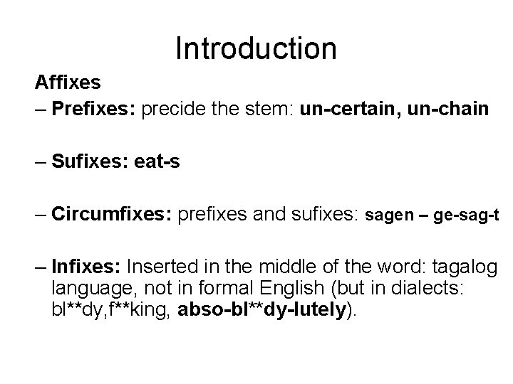 Introduction Affixes – Prefixes: precide the stem: un-certain, un-chain – Sufixes: eat-s – Circumfixes: