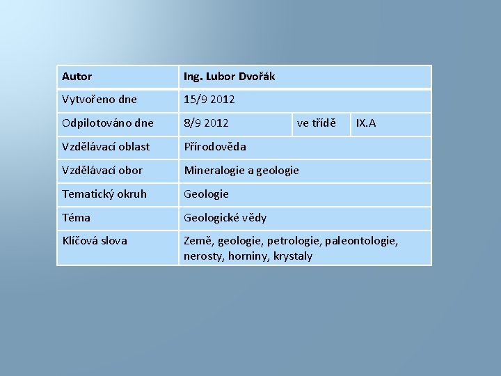 Autor Ing. Lubor Dvořák Vytvořeno dne 15/9 2012 Odpilotováno dne 8/9 2012 Vzdělávací oblast