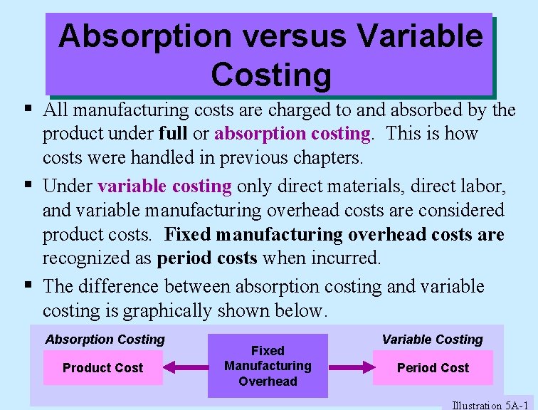 Absorption versus Variable Costing § All manufacturing costs are charged to and absorbed by