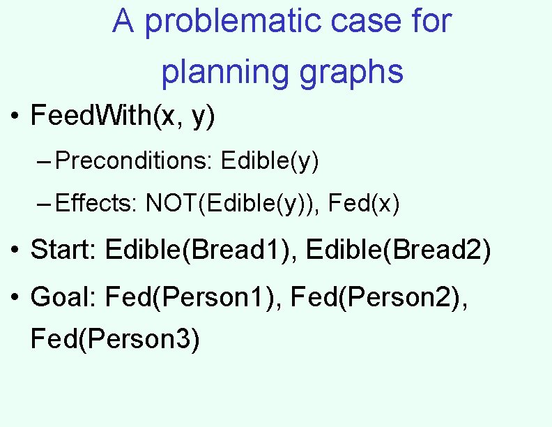 A problematic case for planning graphs • Feed. With(x, y) – Preconditions: Edible(y) –