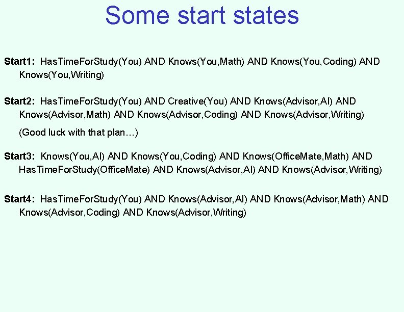 Some start states Start 1: Has. Time. For. Study(You) AND Knows(You, Math) AND Knows(You,