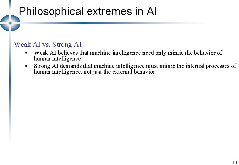 Philosophical extremes in AI Weak AI vs. Strong AI § § Weak AI believes