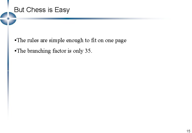 But Chess is Easy • The rules are simple enough to fit on one