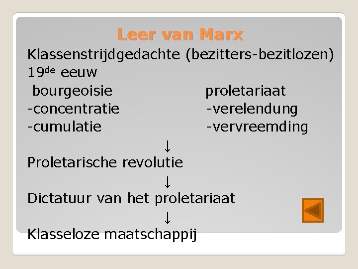 Leer van Marx Klassenstrijdgedachte (bezitters-bezitlozen) 19 de eeuw bourgeoisie proletariaat -concentratie -verelendung -cumulatie -vervreemding