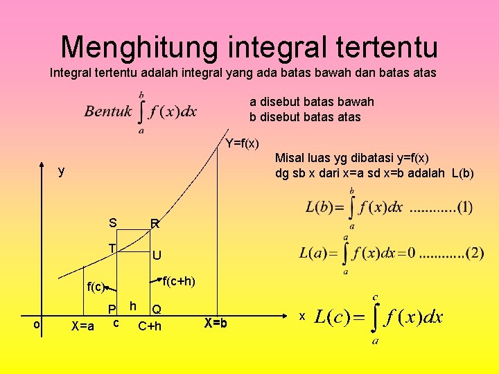 Menghitung integral tertentu Integral tertentu adalah integral yang ada batas bawah dan batas a