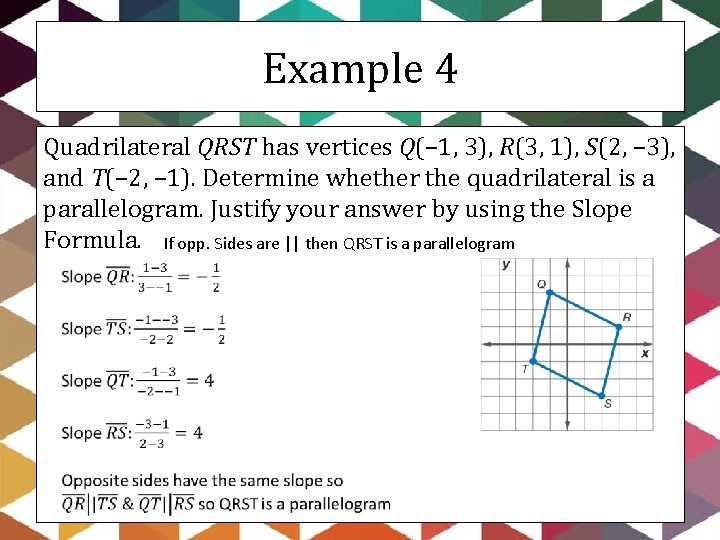 Example 4 Quadrilateral QRST has vertices Q(– 1, 3), R(3, 1), S(2, – 3),