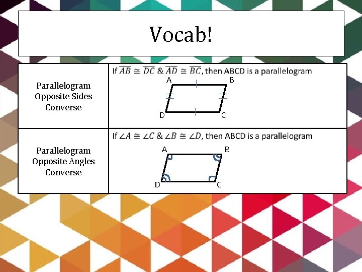 Vocab! Parallelogram Opposite Sides Converse A D B C A Parallelogram Opposite Angles Converse