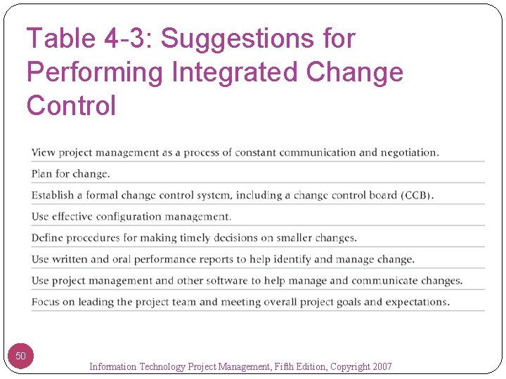 Table 4 -3: Suggestions for Performing Integrated Change Control 50 Information Technology Project Management,