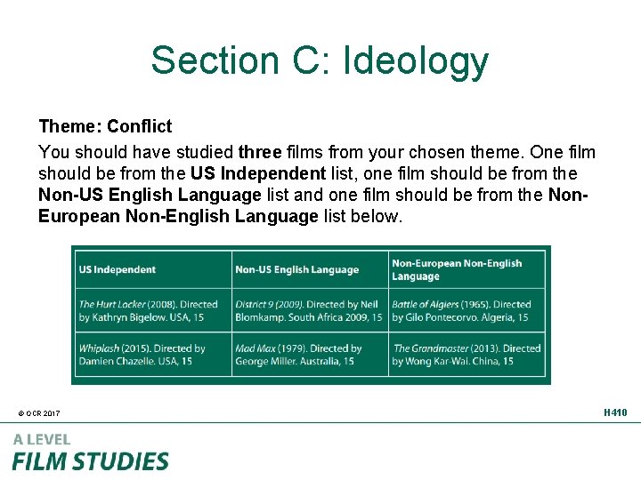 Section C: Ideology Theme: Conflict You should have studied three films from your chosen