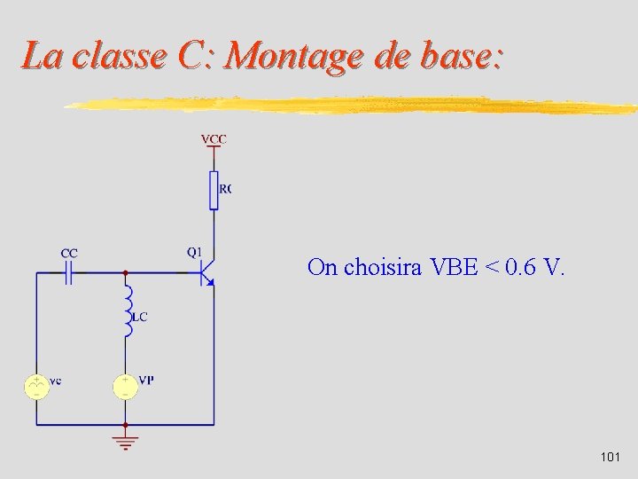 La classe C: Montage de base: On choisira VBE < 0. 6 V. 101