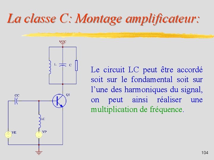 La classe C: Montage amplificateur: Le circuit LC peut être accordé soit sur le