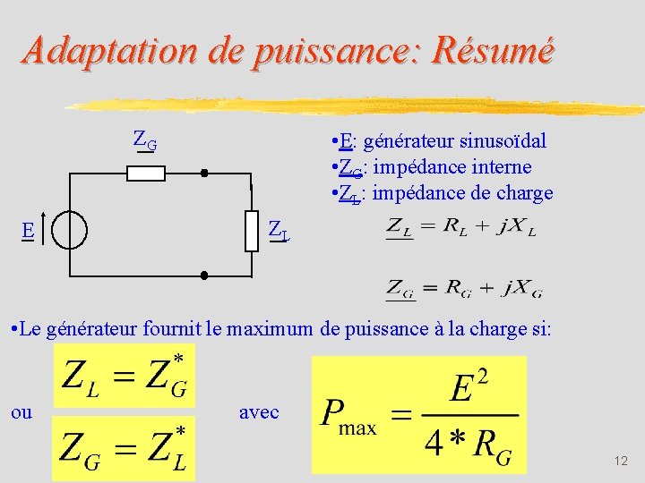 Adaptation de puissance: Résumé ZG E • E: générateur sinusoïdal • ZG: impédance interne