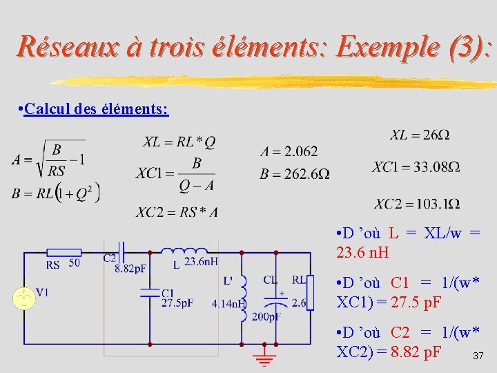 Réseaux à trois éléments: Exemple (3): • Calcul des éléments: • D ’où L