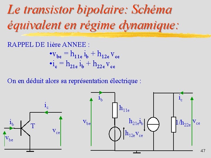 Le transistor bipolaire: Schéma équivalent en régime dynamique: RAPPEL DE 1 ière ANNEE :