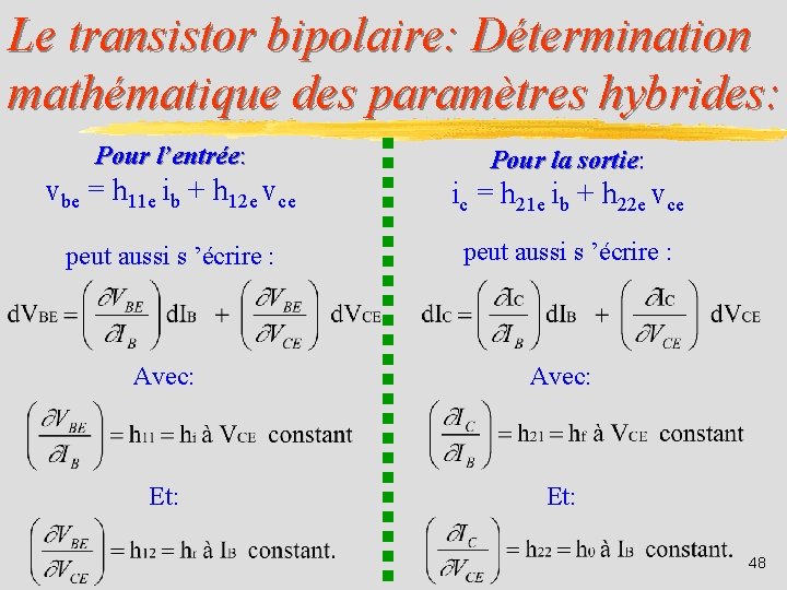 Le transistor bipolaire: Détermination mathématique des paramètres hybrides: Pour l’entrée: Pour la sortie: vbe