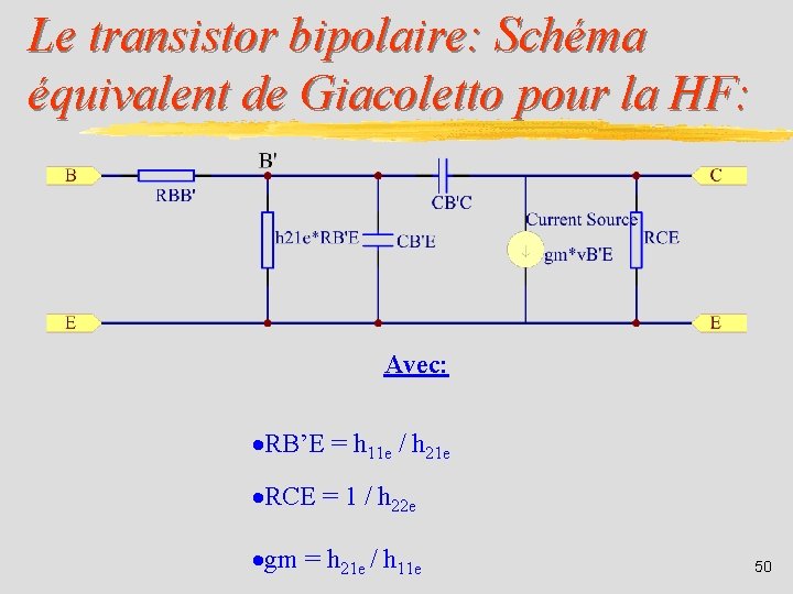 Le transistor bipolaire: Schéma équivalent de Giacoletto pour la HF: Avec: ·RB’E = h