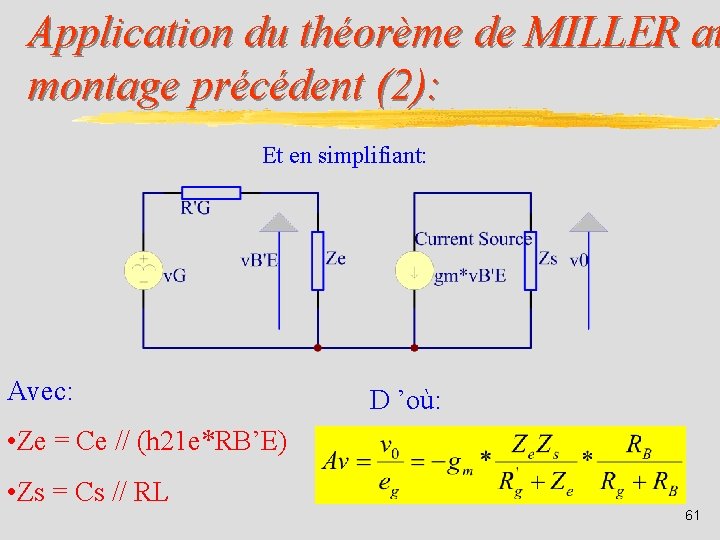 Application du théorème de MILLER au montage précédent (2): Et en simplifiant: Avec: D