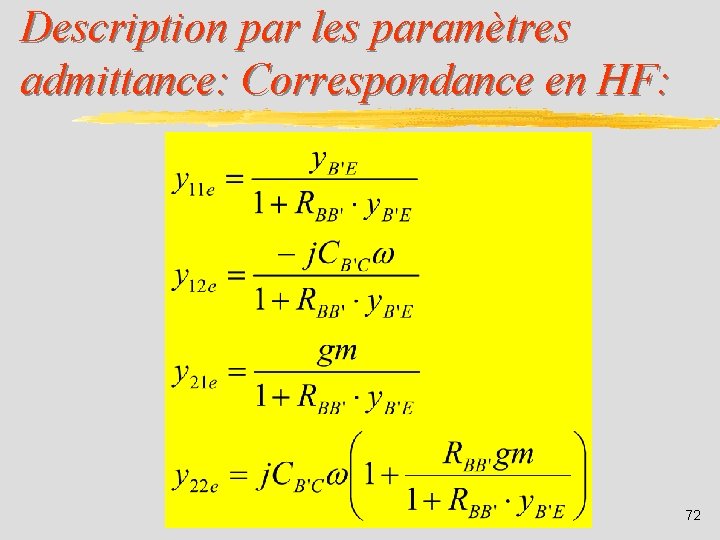 Description par les paramètres admittance: Correspondance en HF: 72 