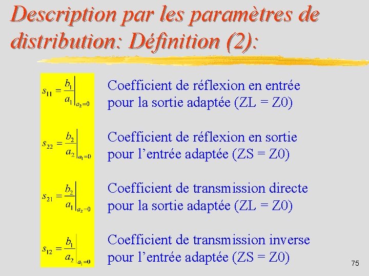 Description par les paramètres de distribution: Définition (2): Coefficient de réflexion en entrée pour