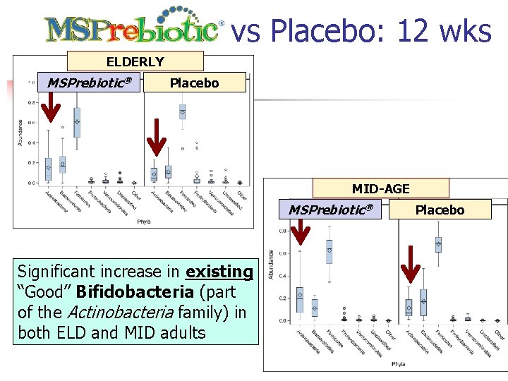 vs Placebo: 12 wks ELDERLY MSPrebiotic® Placebo MID-AGE MSPrebiotic® Significant increase in existing “Good”