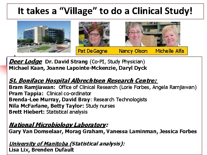 It takes a “Village” to do a Clinical Study! Pat De. Gagne Nancy Olson